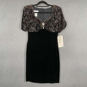 Scott McClintock Dress Womens 12 Black Velvet V-Neck Sheath Rhinestone Vintage